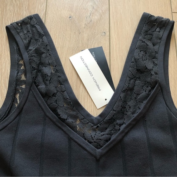 NWT French Connection Katie Crepe Lace Detailed Sleeveless V Neck Dress in Grey - Picture 5 of 14
